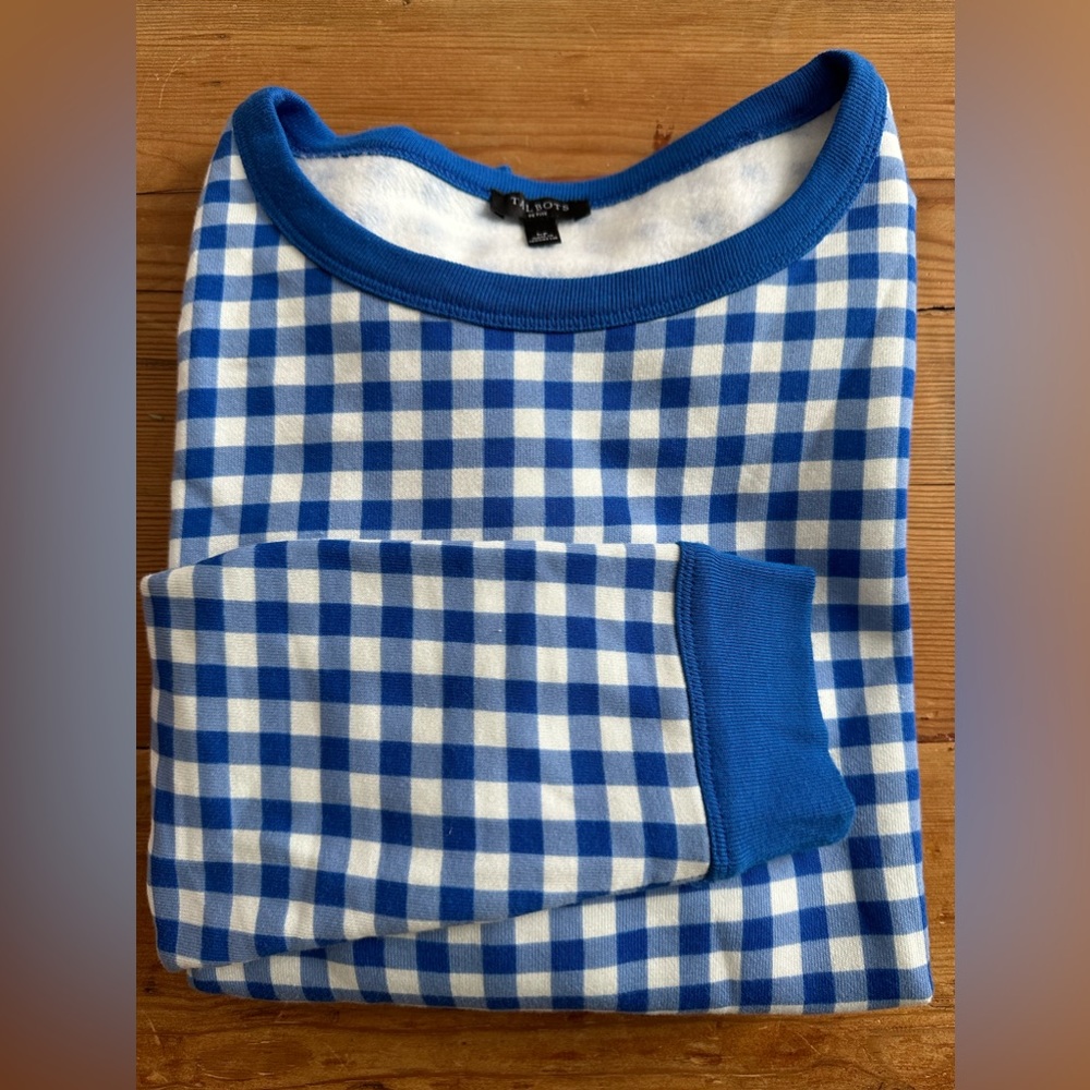 TALBOTS womens Lp Blue Gingham Sweatshirt Sweater Top Large Petite Preppy